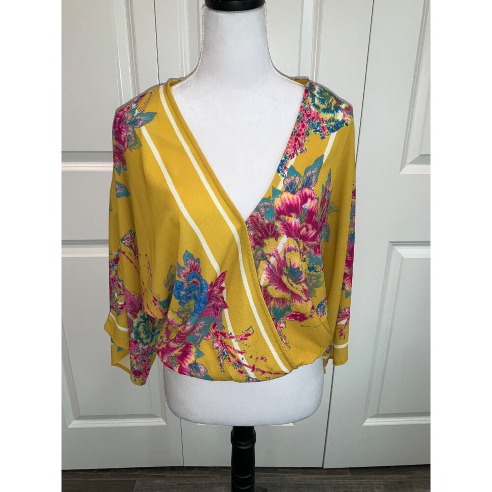 Flying Tomato Floral kimono wrap crop top/Blouse/Shirt MEDIUM Mustard Pink White - Picture 2 of 6